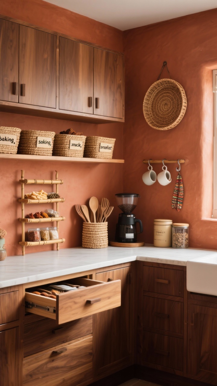 Medium shot, Modern Boho: warm terracotta walls, flat-front walnut cabinets; broad open shelves with woven seagrass bins labeled “baking,” “snacks,” “breakfast”; wood drawer dividers open to show utensils; spices displayed on a tiered bamboo rack with labels facing forward; tall corner coffee altar featuring a rattan tray, mug hooks, and airtight canisters; cozy, collected vibe with warm ambient light, photorealistic.