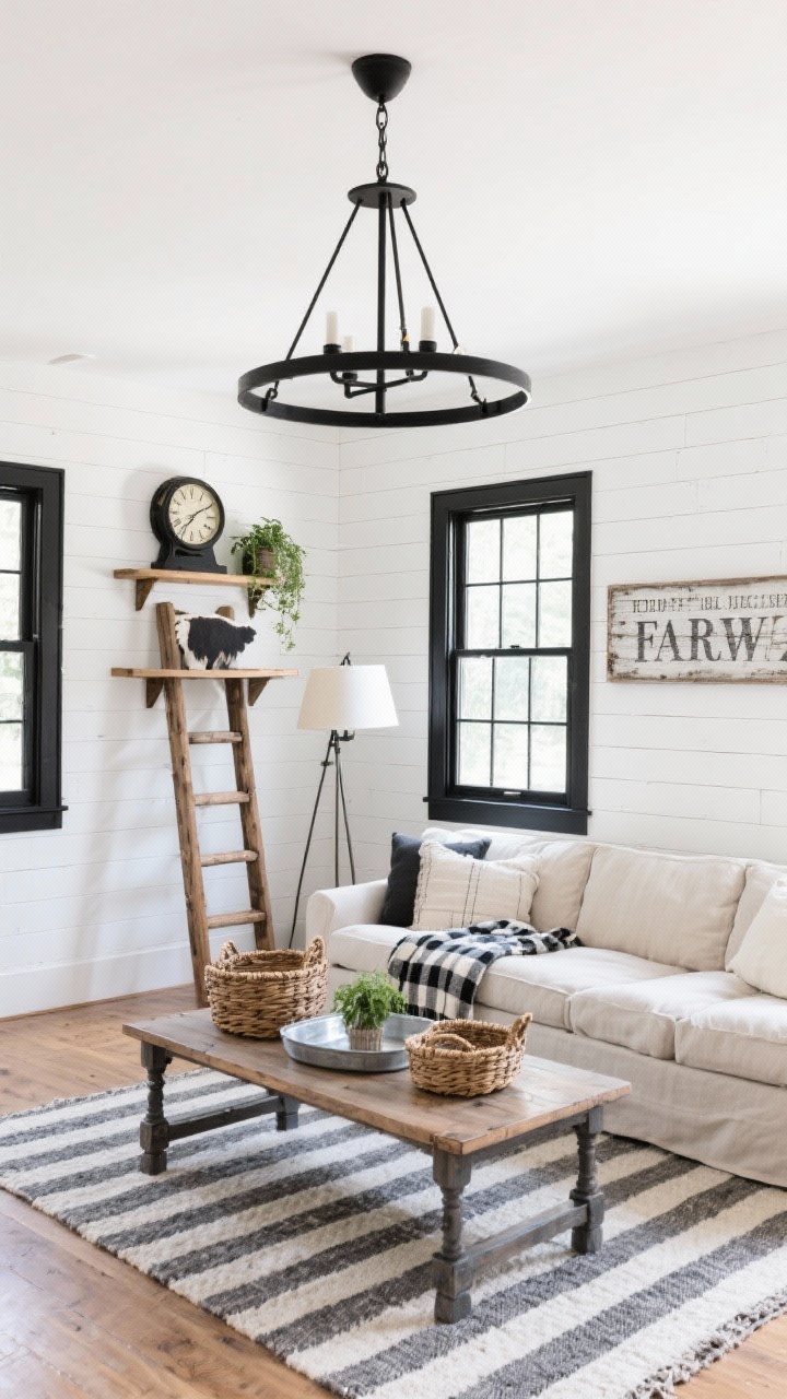 Medium shot, Modern Farmhouse living area: bright white shiplap walls with matte black accents and natural oak touches; linen slipcovered sectional facing black-grid windows; striped flatweave rug; long farmhouse coffee table and ladder-style pine shelving; buffalo check throw, woven baskets with a galvanized tray on the table; oversized black metal chandelier overhead and a task floor lamp with a dome shade; simple greenery, vintage clock, and a weathered wood typography sign; crisp daylight, photorealistic.