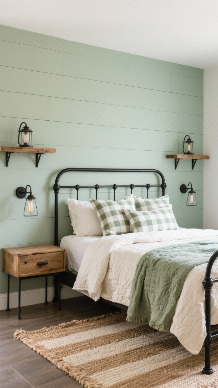 Medium shot, Modern Farmhouse Nook: soft sage walls with a shiplap accent behind a black metal bed frame. The bed is layered with cotton quilts and checked pillows in cream and sage. Floating wood shelves stand in as nightstands, each with barn-style sconces mounted above. A striped jute rug underfoot, matte black hardware and natural wood finishes visible; cozy, clean farmhouse vibe; no people.