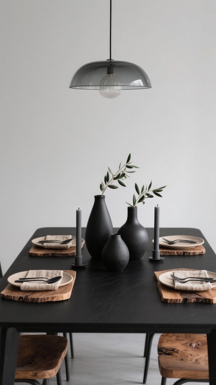 Medium shot, modern minimal: Sleek black table topped with individual live-edge wooden boards as placemats. Centerpiece is a tight trio of black ceramic vases with olive branches. Matte sand stoneware plates, brushed black flatware, flax napkins, and graphite taper candles in minimalist holders. Overhead, a single smoked-glass pendant casts a focused glow. Palette: black, sand, caramel wood, olive. Clean lines, low-profile shapes, uncluttered.