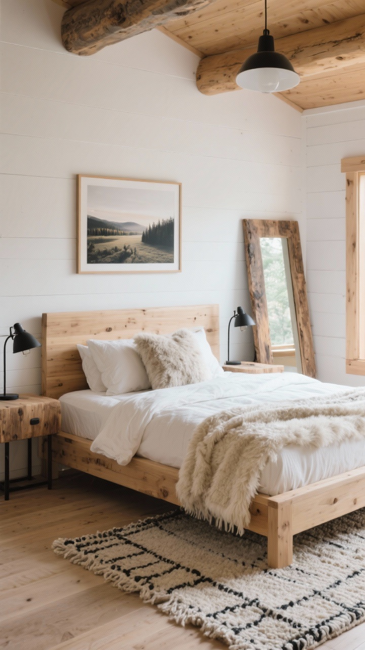 Medium shot, Modern Rustic Cabin Light: Light oaks, cream textiles, and soft black accents; simple wood bed; faux-shearling pillows and a woven wool rug; landscape print above the headboard; iron bedside lamps; chunky wood mirror leaning on a wall; bright natural light, clean and cozy without heavy rustic tropes.
