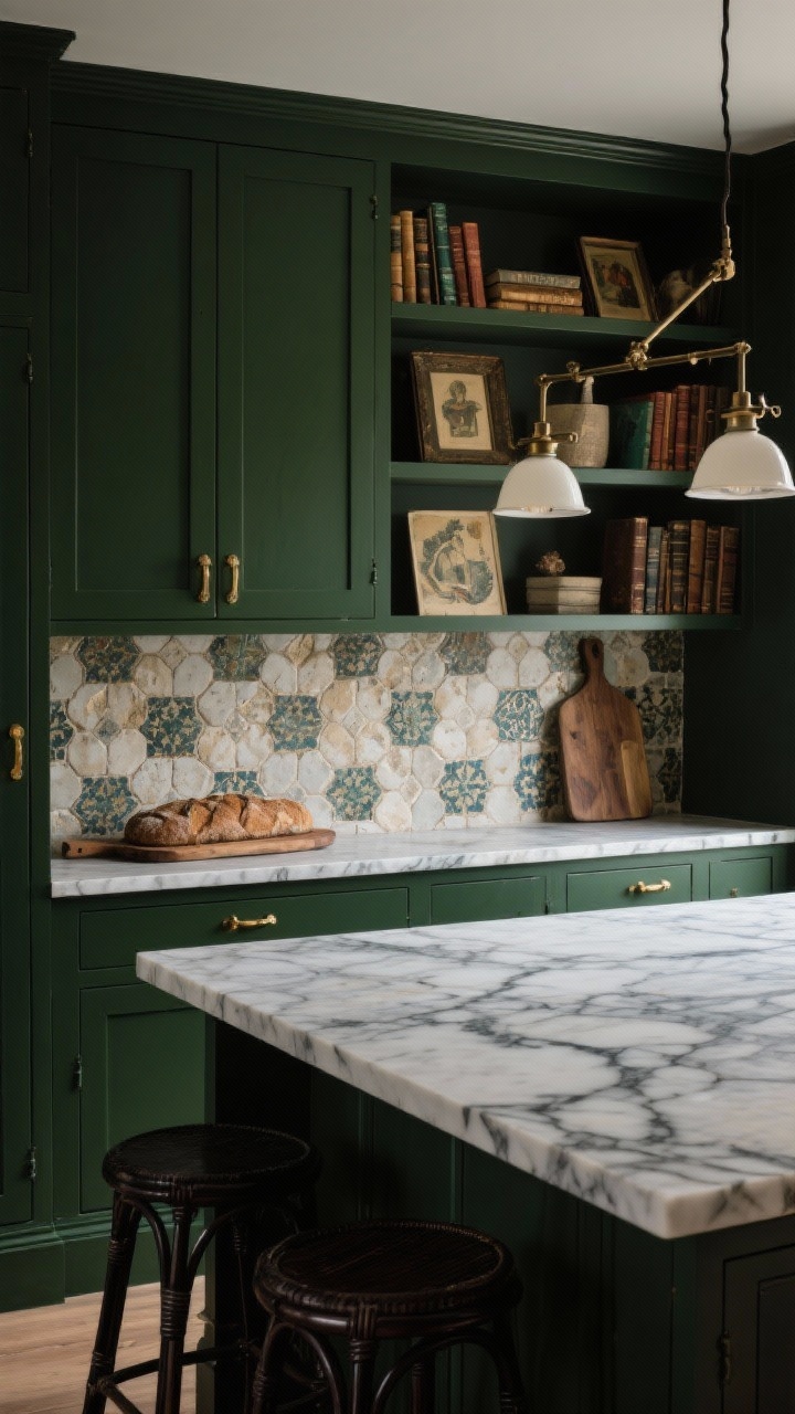 Medium shot, moody atmosphere: Deep forest green cabinets with aged brass hardware, honed marble counter with dramatic veining. Tumbled limestone or hand-cut zellige tile backsplash adding artisanal texture. Library-style swing-arm sconces illuminating open shelves with vintage art and a patina’ed wooden bread board. Dark cane stools completing the rich, layered look.