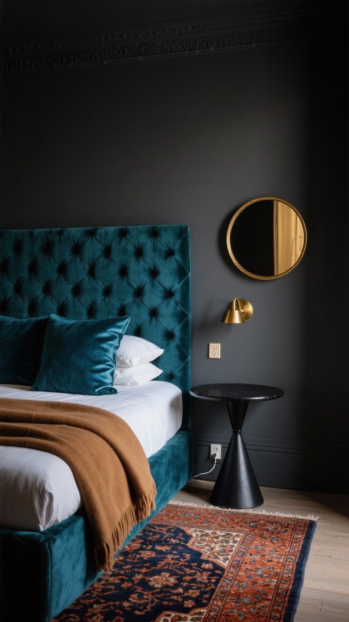 Medium shot, Moody Boutique Hideaway: charcoal-painted walls with a tufted velvet headboard in deep teal, satiny bedding, and a cashmere throw. A compact black bistro table serves as a nightstand under a plug-in brass sconce; a round gold mirror hangs nearby to bounce light. A vintage Persian rug in rust and navy grounds the space. Hotel-like, dramatic and cozy mood, subtle warm highlights on brass; no people.
