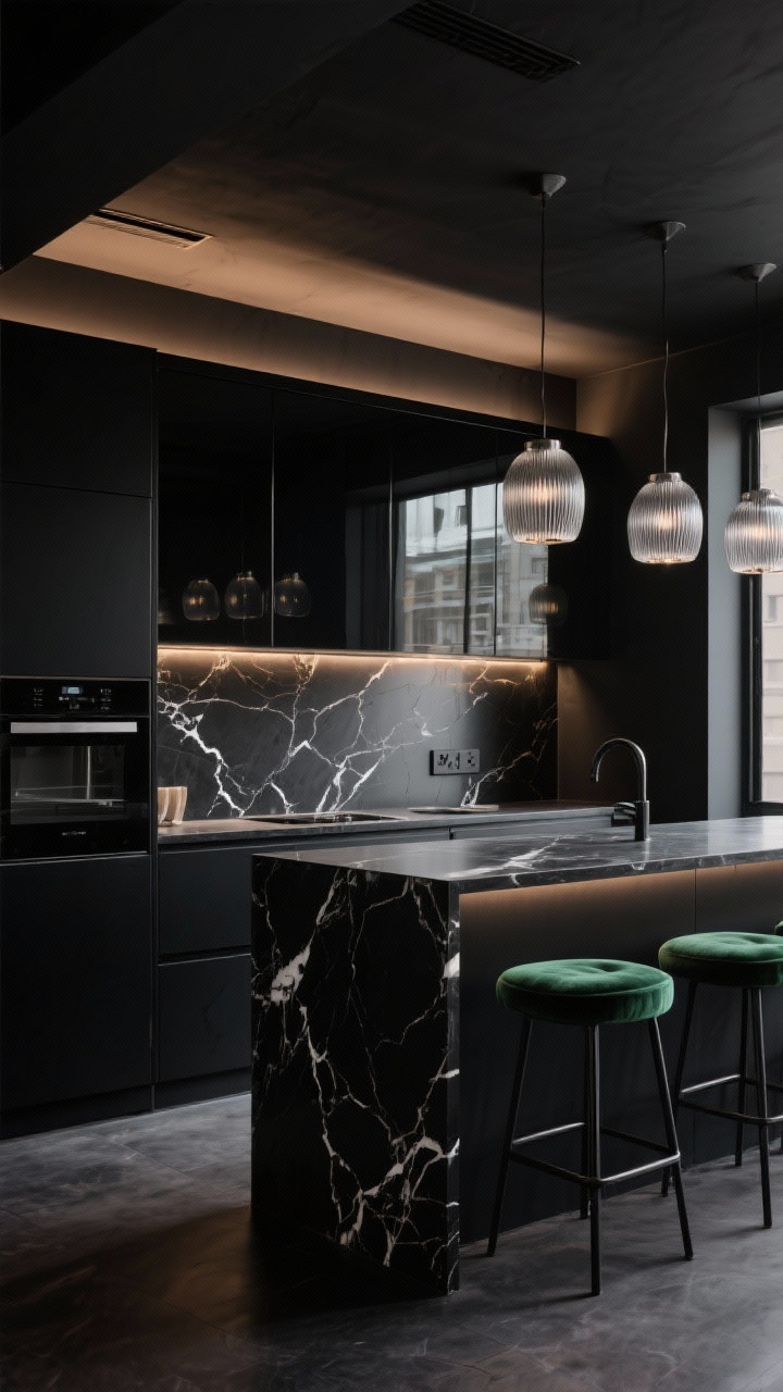 Medium shot, moody noir ambiance: All-black cabinetry with integrated appliances, a smoked mirror backsplash reflecting dim-to-warm ceiling wash light, and a black marble island with dramatic white veining; emerald velvet counter stools on thin black frames; ribbed glass pendants and graphite outlets; sultry lounge-like industrial mood, photorealistic, no people.