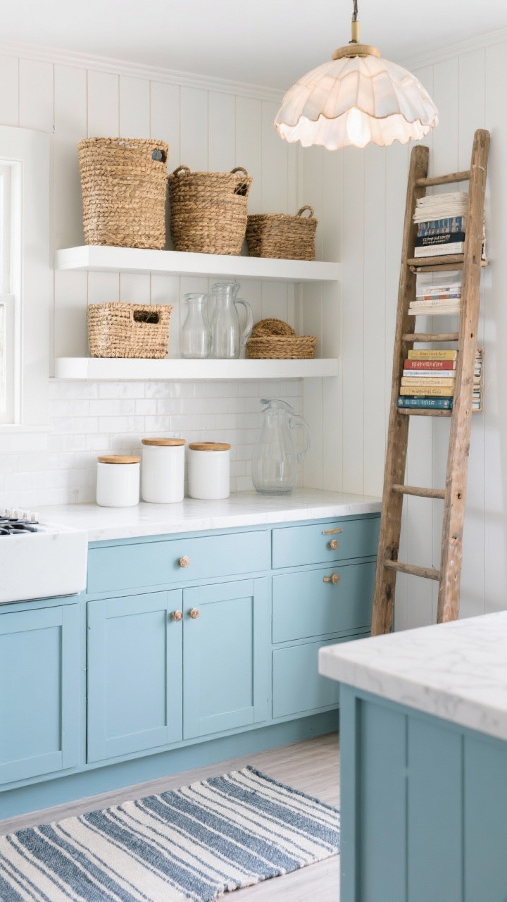 Medium shot of a coastal kitchen wall: soft blue lower cabinets, white tongue-and-groove backsplash, open shelves styled with seagrass baskets and clear pitchers; tall woven baskets on the top shelf; a narrow ladder shelf at the side with cookbooks and pantry baskets; white canisters with bamboo lids on the counter; striped rug runner on the floor and a capiz shell pendant glowing softly; breezy seaside atmosphere.