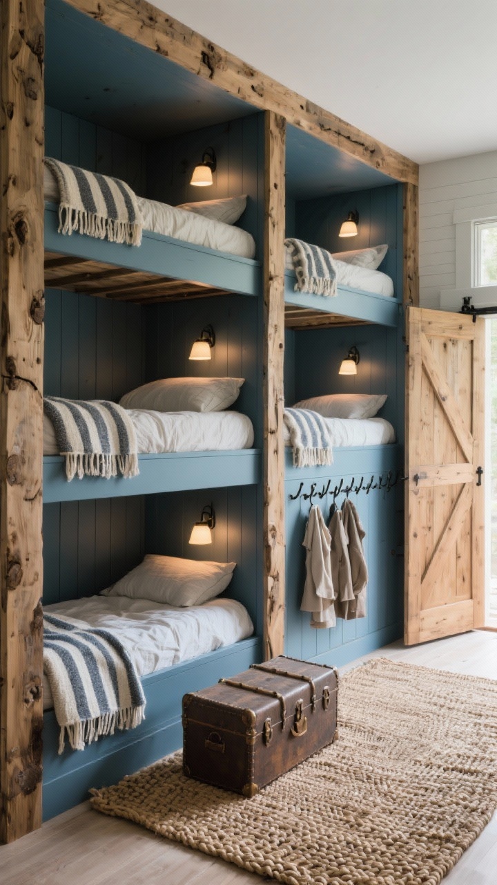 Medium shot of a cozy bunk room wall: built-in four-bed bunk system framed in knotty alder, painted warm slate blue; each nook has a sconce and cubby; striped wool blankets and linen sheets on each bed; vintage trunk for storage, braided jute rug, and a row of iron hooks for coats; barn door partially slid closed; soft ambient lighting, photorealistic, no people