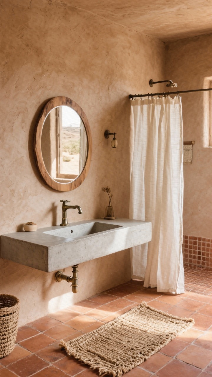 Medium shot of a desert rustic bath with clay-toned plaster walls and a terracotta hex tile floor; thin concrete vanity top with an integrated trough sink; aged nickel hardware; a handwoven jute runner on the floor; rounded wood mirror over the sink; linen shower curtains in bone white; soft, sun-warmed afternoon light emphasizing texture; photorealistic.
