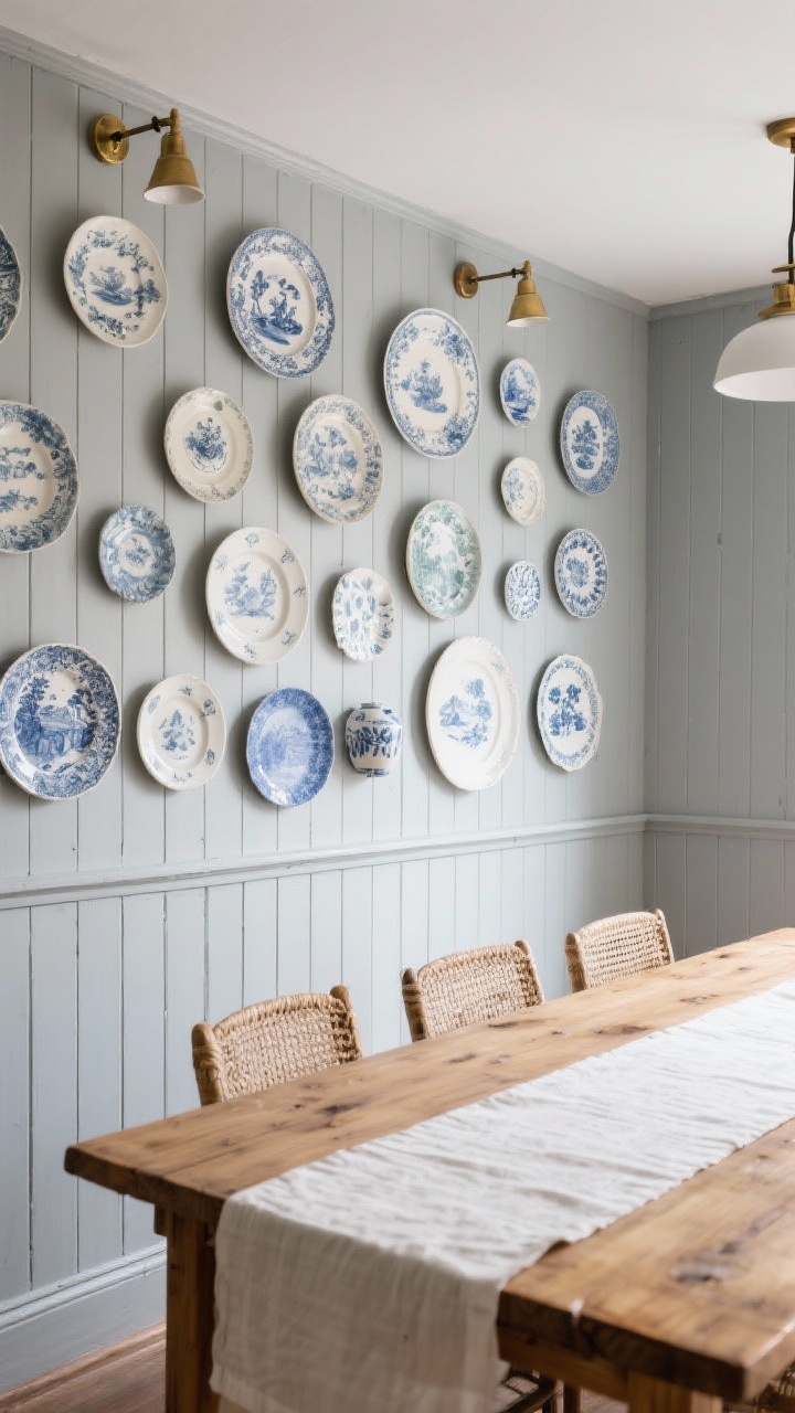Medium shot of a dining room wall: full-height beadboard paneling in soft dove gray showcasing an asymmetrical curated plate wall of transferware, ironstone, and hand-painted ceramics; natural pine table, rush-seat chairs, long linen runner; simple brass picture lights above plates for museum-like focus; palette soft gray, cream, cobalt accents, natural pine; textures glazed ceramic, painted wood, linen; straight-on, eye-level.