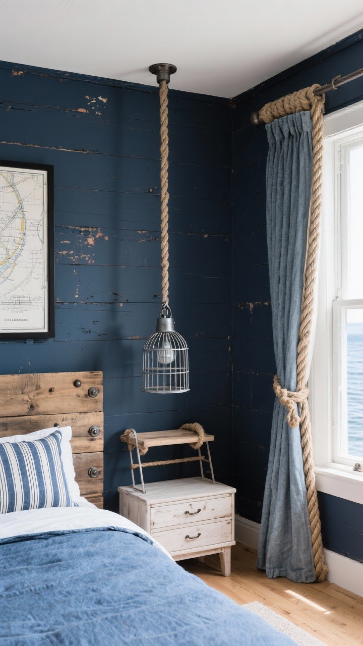 Medium shot of a dockside industrial bedroom corner: rope-wrapped curtain rods framing a weathered navy accent wall, reclaimed wood headboard with visible bolts, galvanized cage pendant, denim bedding with striped pillows, rope ladder shelf, bleached wood dresser, nautical chart in a black steel frame, light oak floor balancing the dark wall; natural coastal light, straight-on.