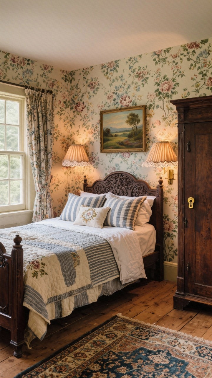 Medium shot of a heritage cottage bed wall: faded floral wallpaper backdrop, carved dark walnut wood bed; layered quilts, ticking stripes, and embroidered pillows; antique armoire with brass keyholes visible to one side; wide plank pine floor partially covered by a vintage Persian-style rug; oil landscape painting and pleated lampshades; lace-trimmed curtains at the window; warm incandescent glow for old-world charm.