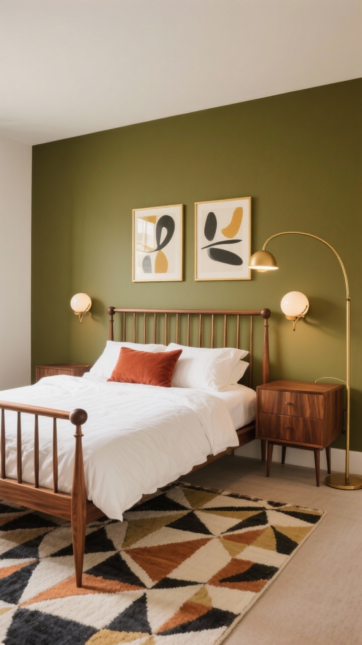 Medium shot of a mid-century modern remix: warm olive accent wall behind a walnut spindle bed, tapered-leg dresser to the side, globe sconces flanking the bed; arc floor lamp sweeping over a geometric 60s-inspired rug; bed dressed in white bedding with a single rust throw pillow; abstract prints in thin brass frames; warm, balanced lighting highlighting walnut and brass.