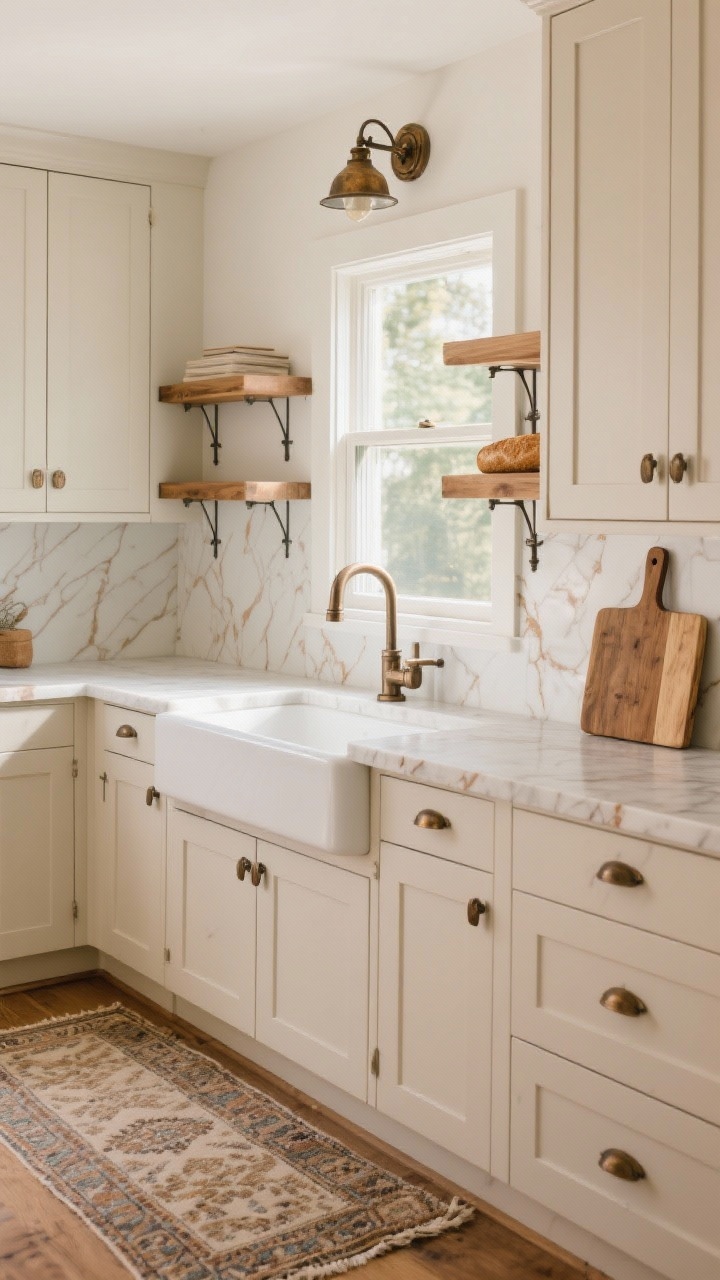 Medium shot of a modern farmhouse-Scandi blend: matte cream shaker cabinets with aged bronze hardware, warm white quartz countertops with caramel veining, a chunky apron-front sink centered under a window, open oak shelving with industrial-style bronze sconces above, a sun-faded Persian-style runner on the floor, a wooden breadboard leaning casually on the counter; warm, welcoming light.