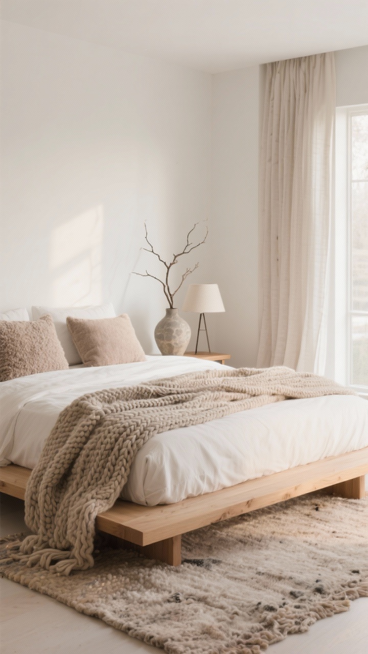 Medium shot of a modern organic sanctuary: warm white walls, light oak platform bed, layered textured neutrals—bouclé pillows, chunky knit throw, nubby area rug; sculptural ceramic table lamp, a branch in a stone vase, linen drapery pooling on the floor; restrained palette of taupe, ivory, soft clay; soft morning light, serene spa-like mood.