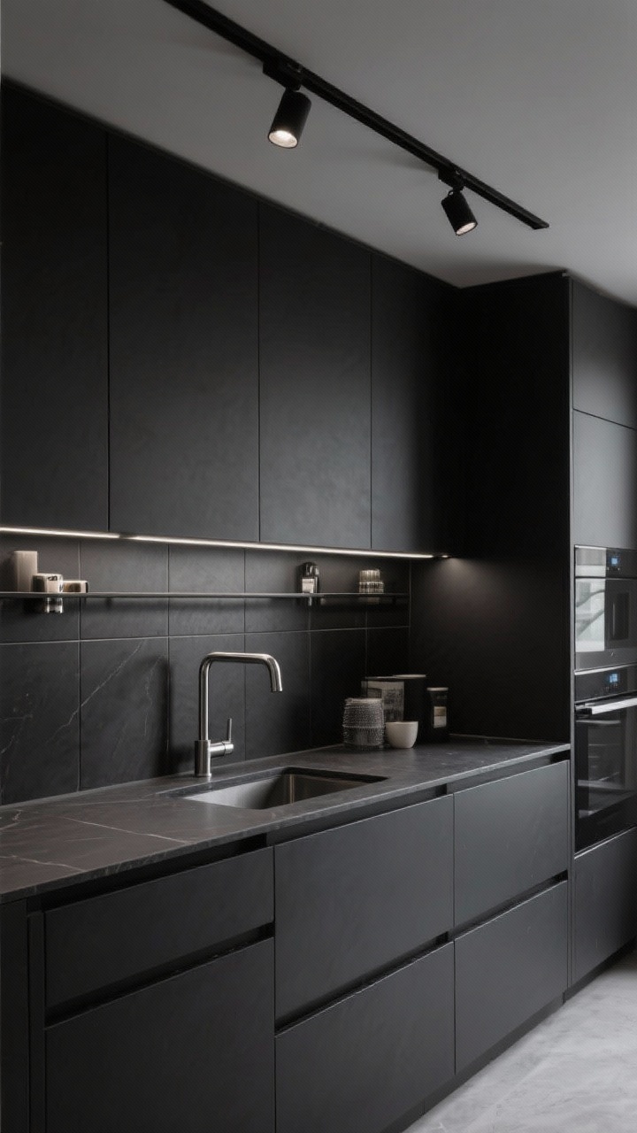 Medium shot of a monochrome noir kitchen: deep charcoal cabinets with integrated pulls, graphite quartz counters, large-format matte black porcelain backsplash; slender stainless shelf instead of uppers displaying a few curated items; brushed steel fixtures and an industrial-style faucet; slim black track lighting with adjustable heads casting focused pools of light; moody, high-end minimalist vibe; corner angle.
