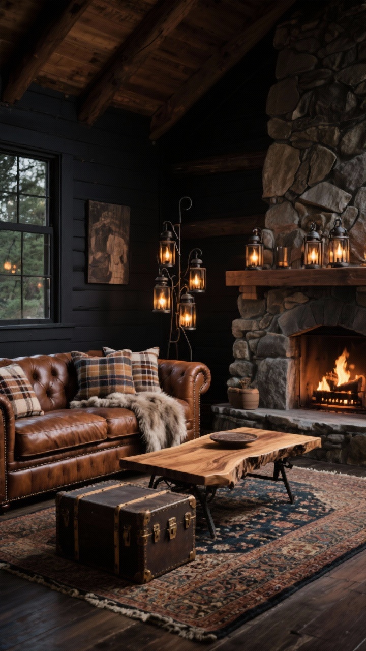 Medium shot of a moody cabin den: a tobacco-brown leather chesterfield facing a stone-faced fireplace, live-edge walnut coffee table on a Persian-style rug, walls painted deep charcoal, layered plaid wool pillows and a faux-fur throw on the sofa, a vintage trunk as side table, and a cluster of iron lanterns casting a soft flickering glow; warm, low evening lighting, photorealistic.