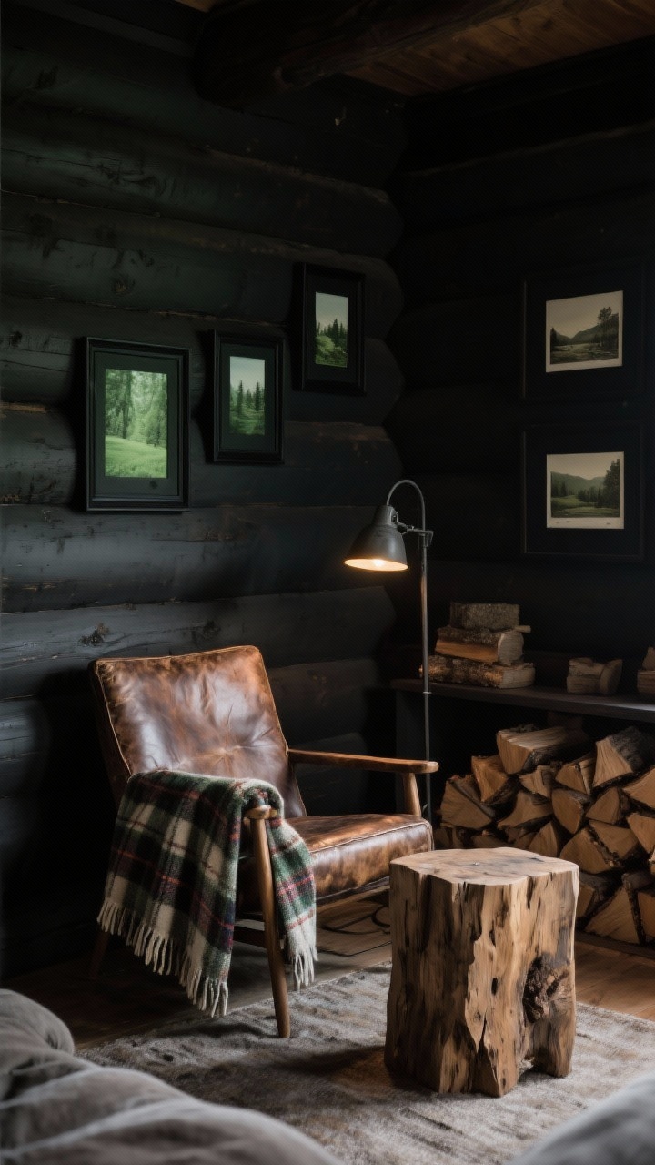 Medium shot of a moody cabin den with charcoal walls: a worn leather chair beside a raw-edge wood side table, plaid wool throw draped over the arm, iron floor lamp casting warm ambient light. Include a stacked firewood display and a mini gallery of vintage landscape prints in matte black frames. Deep forest green accents possible, cozy low lighting, gritty textures, photorealistic.