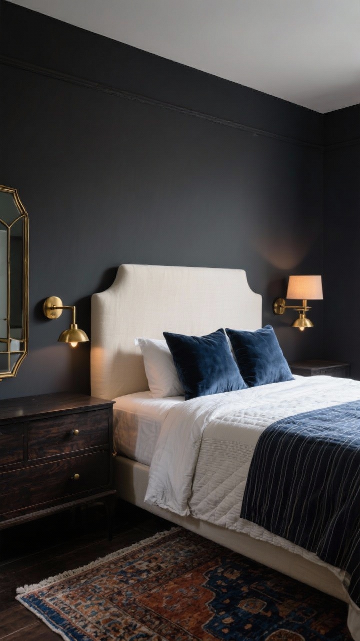 Medium shot of a moody charcoal bedroom corner: deep charcoal walls, cream linen upholstered headboard, brass library sconces flanking the bed, sleek brass-edged metal mirror above a dark-stained dresser, bed styled with velvet throw pillows and a tailored pinstripe quilt; vintage rug peeking in with inky blues and rusts; palette charcoal, cream, brass, midnight blue; warm lamp glow; angled perspective.