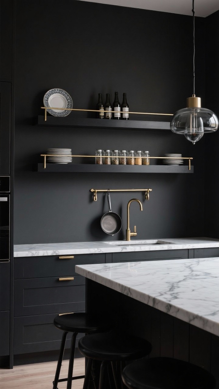 Medium shot of a moody charcoal kitchen wall: charcoal lower cabinets with veined white quartz countertop; two long near-black floating shelves edged with slim brass gallery rails containing plates and bottles; brushed brass magnetic spice strip with uniform glass spice jars; slim brass pot rail with a pretty skillet; smoked glass pendant over the sink and matte black bar stools partially in frame; dramatic low-contrast lighting.