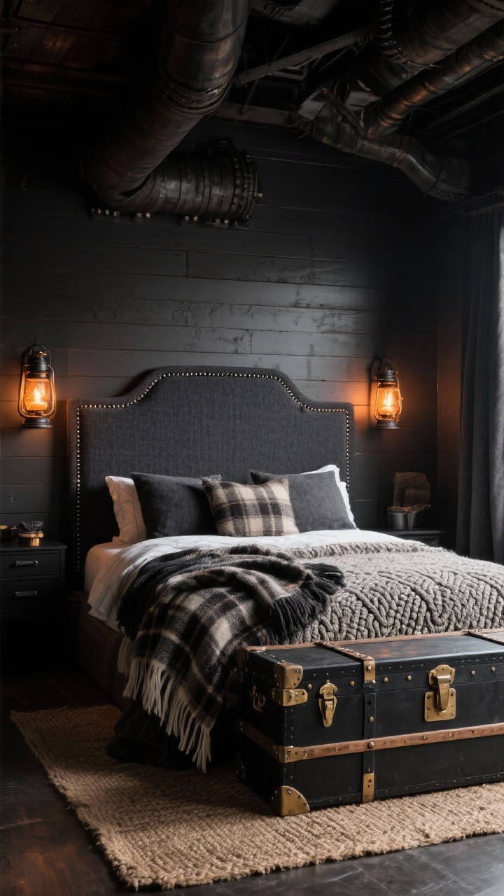 Medium shot of a moody coal mine–inspired bedroom: charcoal shiplap headboard wall, warm amber lantern sconces, charcoal tweed upholstered bed with nailhead trim, layered cable-knit blanket, wool plaid throw, dark jute rug, trunk-style dresser with metal strapping and iron handles, blackened brass hardware details; low, warm ambient lighting, cozy atmosphere.