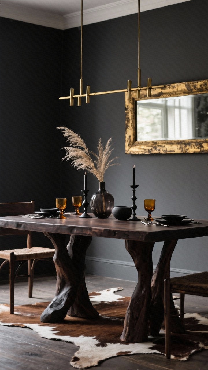 Medium shot of a moody rustic dining table vignette against charcoal walls: a dark walnut table with sculptural legs set with moody stoneware, black flatware, and amber glassware, linear brass chandelier above warming the scene, cowhide rug peeking beneath, matte black candlesticks and smoky glass vases with dried grasses; palette charcoal, walnut, brass, tobacco; a large distressed gold mirror catching and bouncing light in the background.