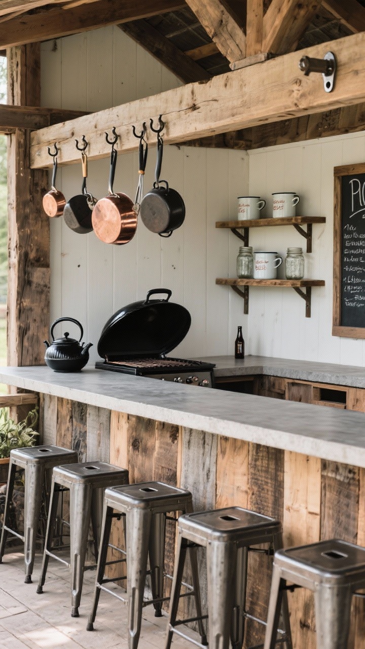 Medium shot of a reclaimed barn bar and grill station: compact outdoor bar clad in reclaimed barn boards with a concrete countertop; matte-black kettle grill adjacent; iron hooks above holding copper pans and grilling tools; two raw wood shelves behind with enamelware and mason jars; row of industrial stools at the bar, a chalkboard menu, and a bottle opener bolted to a beam; rugged weekend-ready mood, straight-on.