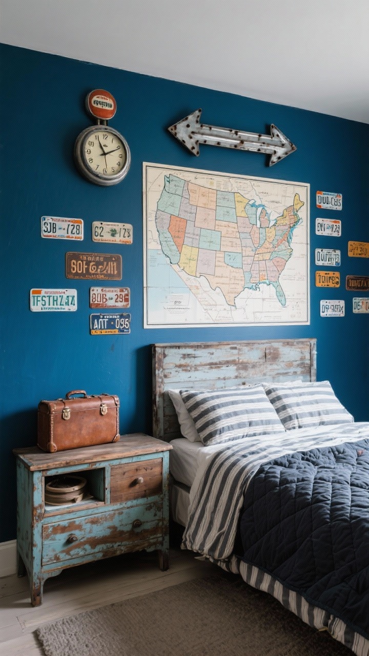 Medium shot of a retro road trip gallery wall: denim-blue walls behind a weathered wood dresser and bed corner with a charcoal quilt and striped cotton sheets, statement gallery of vintage license plates arranged around a giant US highway map above the dresser, gas station-style clock and a metal arrow sign adding roadside charm; an old suitcase used as a storage side table; palette of denim blue, asphalt gray, rust, white.