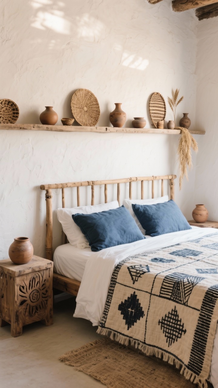 Medium shot of a rustic artisanal mix: warm white plaster walls, simple slatted oak bed with a slightly rough finish; artisan-carved nightstands displaying handmade ceramics; hand-loomed textiles on the bed—indigo-dyed pillows and a block-printed quilt; palette of sand, clay, ink, and wheat; a wall ledge showcasing pottery and small woven art pieces; soft ambient afternoon light highlighting craft textures.