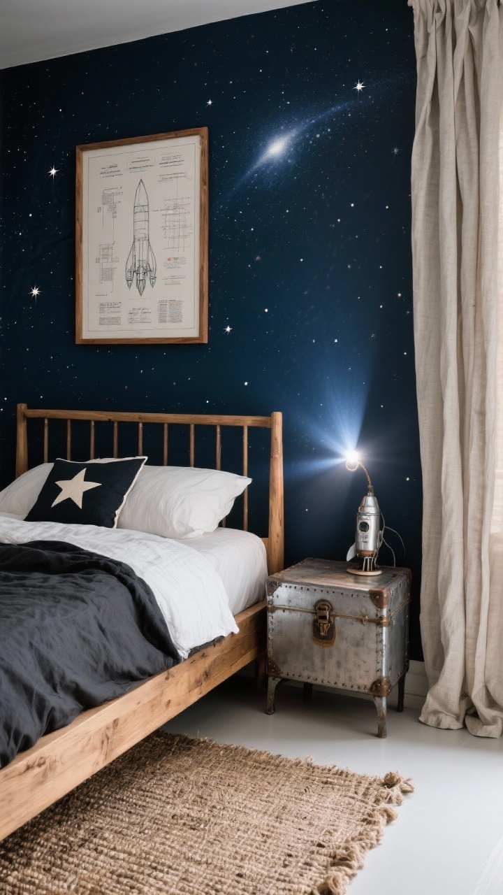 Medium shot of a rustic space ranger bed corner: oak bedframe with simple lines, jute rug underfoot, linen drapes, deep indigo accent wall behind the bed speckled to mimic stars, metal trunk as a nightstand, vintage-style rocket blueprint poster in wood frames above, bedding in charcoal and ivory with a single star-patterned pillow; dimmable star projector glow adding cosmic mood.