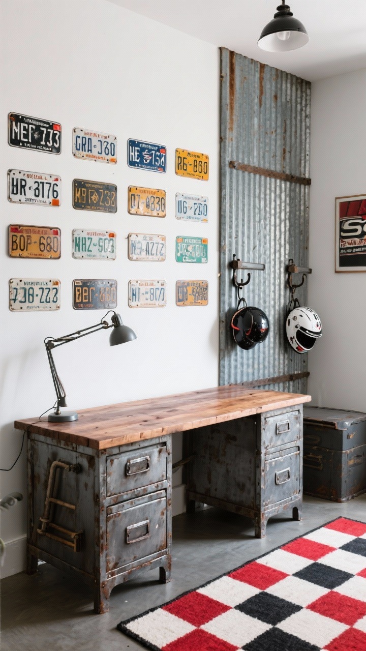 Medium shot of a salvaged speedway-themed desk wall: gallery of vintage license plates, corrugated metal headboard visible to the side, repurposed tool chest desk topped with butcher block, gooseneck task lamp, wall-mounted hooks holding helmets, checkerboard rug below, color pops of racing red, asphalt gray, and white; crisp, workshop-style lighting, three-quarter angle.