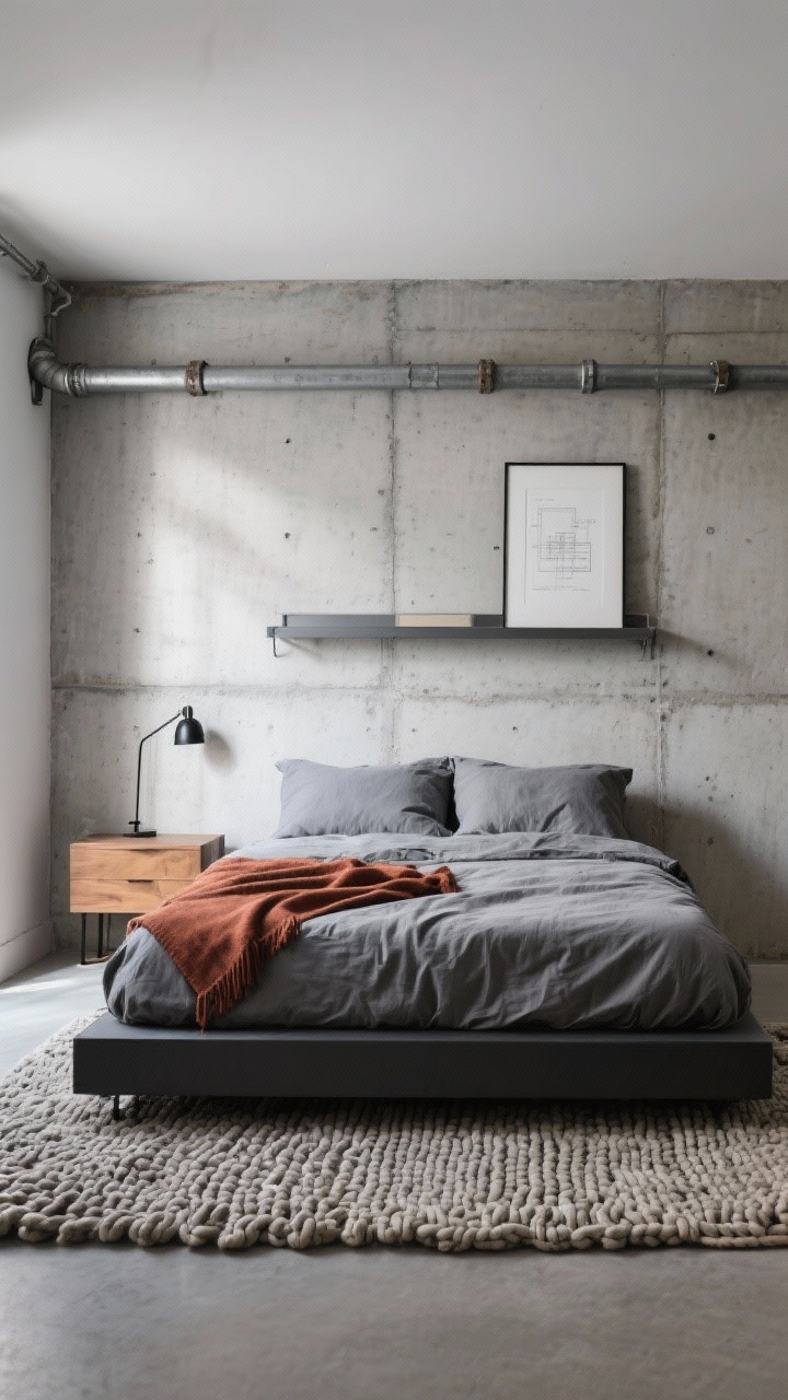 Medium shot of a serene industrial bedroom with a concrete-effect wall behind a low-profile charcoal platform bed dressed in soft gray linen bedding and a single rust-toned throw, steel pipe shelves floating above the headboard holding minimalist framed blueprint art, warm oak nightstand, matte black sconce, chunky knit rug underfoot; soft diffused daylight, straight-on view.