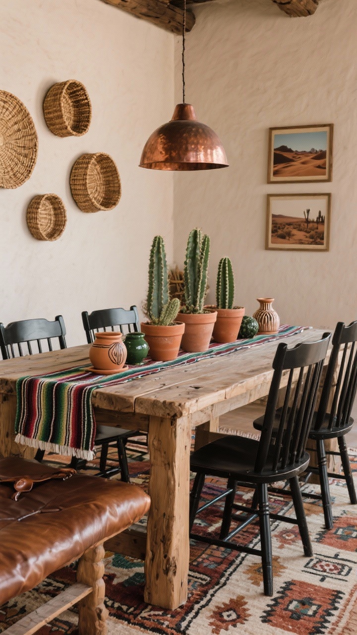Medium shot of a Southwestern rustic table scene: rough-hewn farmhouse table contrasted with black Windsor chairs, terra-cotta pots and cactus centerpieces, Navajo-inspired rug underfoot, leather bench along one side, wall with woven basket gallery and desert photography, hammered copper pendant warming the tones, striped serape runner and adobe-inspired ceramics on the table; palette clay, saddle, black, cactus green.