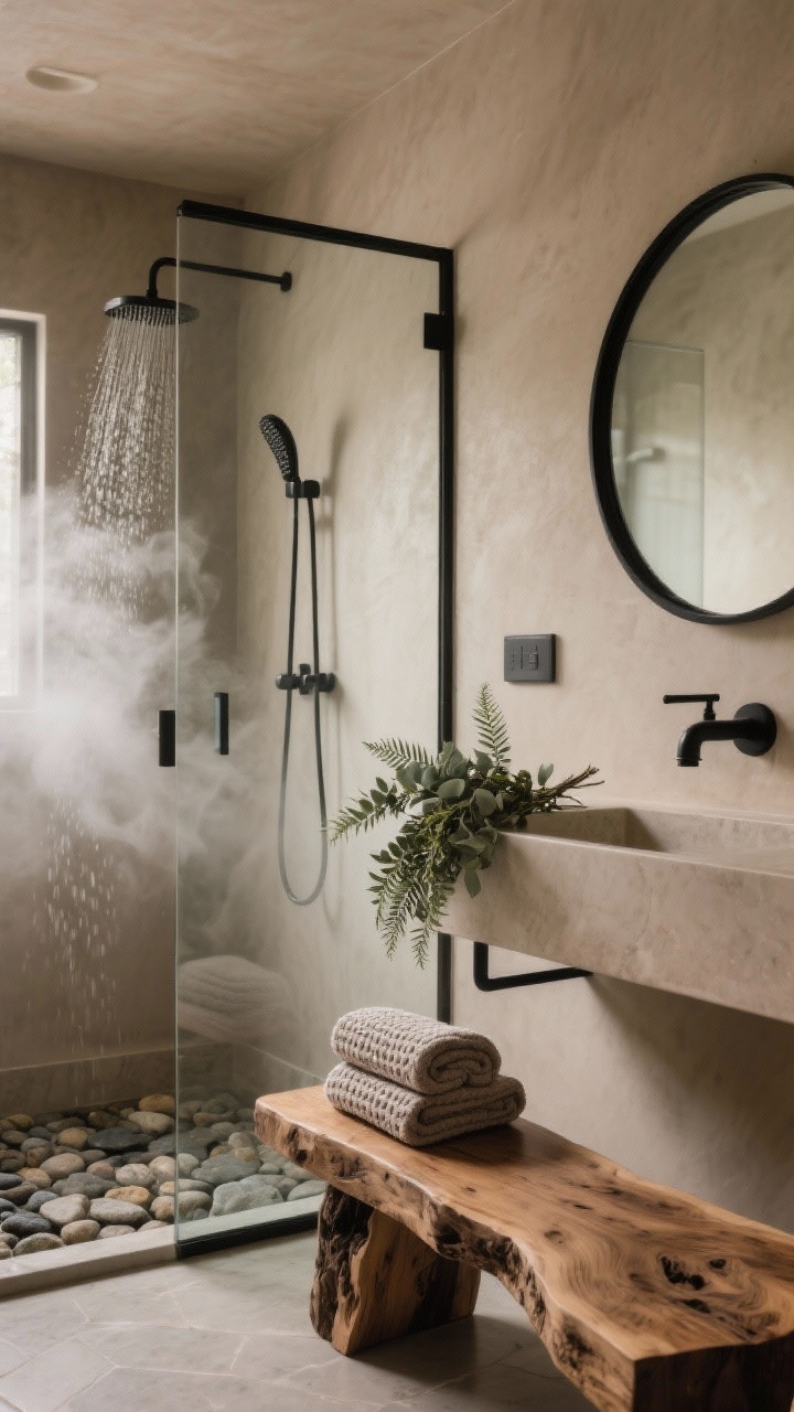 Medium shot of a spa-like bathroom: frameless glass shower with rainfall head, river rock flooring, and a cedar bench; live-edge wood slab vanity with matte black fixtures; walls in soft mushroom beige; black-framed round mirror above the vanity; waffle cotton towels neatly folded, a single fern/eucalyptus bundle for a fresh spa vibe; dim, steamy ambiance, photorealistic, no people