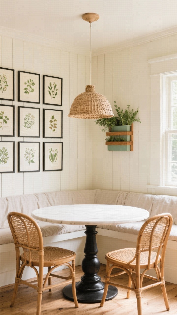 Medium shot of a sunny breakfast nook: vertical shiplap walls painted soft cream with a precise grid of vintage botanical prints in thin black frames; round pedestal table, bentwood chairs, woven pendant overhead; small wall-hung herb rack; palette cream, sage, warm wood, black accents; textures painted wood, rattan, linen; soft natural daylight; straight-on view.
