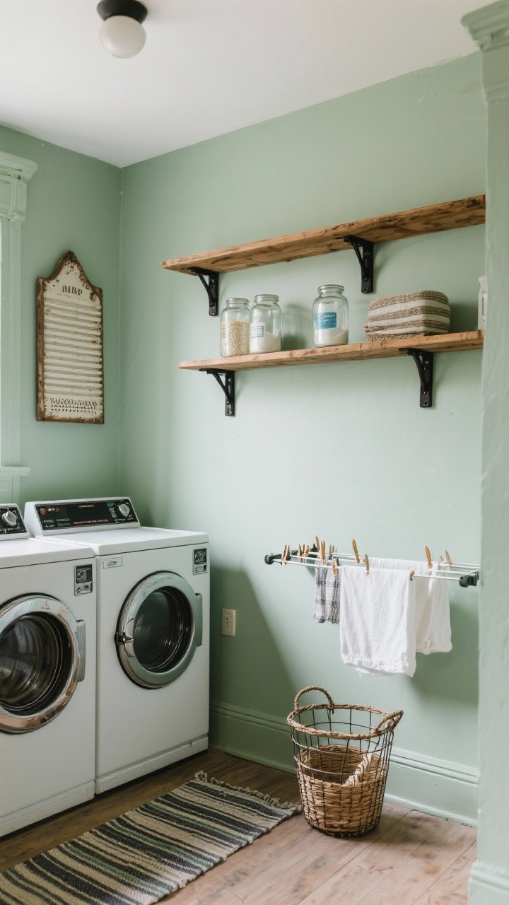 Medium shot of a vintage laundry nook: wood shelf with black brackets above the machines, glass jars for detergents, and a decorative washboard as wall art. A striped runner on the floor, wire basket for clothespins, and a wall-mounted drying rack. Walls painted soft sage green; clean practical lighting, photorealistic.