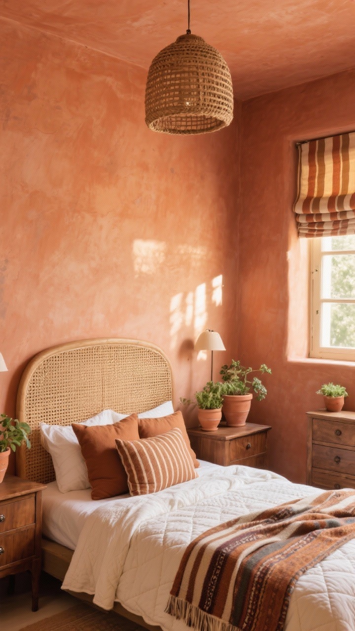 Medium shot of a warm terracotta retreat: walls wrapped in soft terracotta paint, rattan headboard, medium walnut nightstands, cream quilts layered with cinnamon-toned pillows, striped Turkish throw draped casually, terra-cotta pots with greenery on dresser, woven pendant overhead; patterned roman shade in earthy stripes at the window; palette terracotta, cream, walnut, cinnamon; golden afternoon light; corner view.