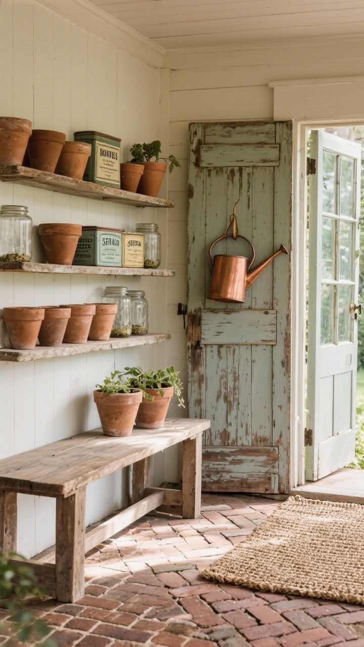 Medium shot of a weathered potting porch: wide potting bench built from salvaged doors; open shelves above lined with clay pots, vintage seed tins, and labeled glass jars; underfoot brick pavers in herringbone; Dutch door half-open; hanging copper watering can and a coarse sisal mat; sunlit, honest materials, straight-on with tactile textures.