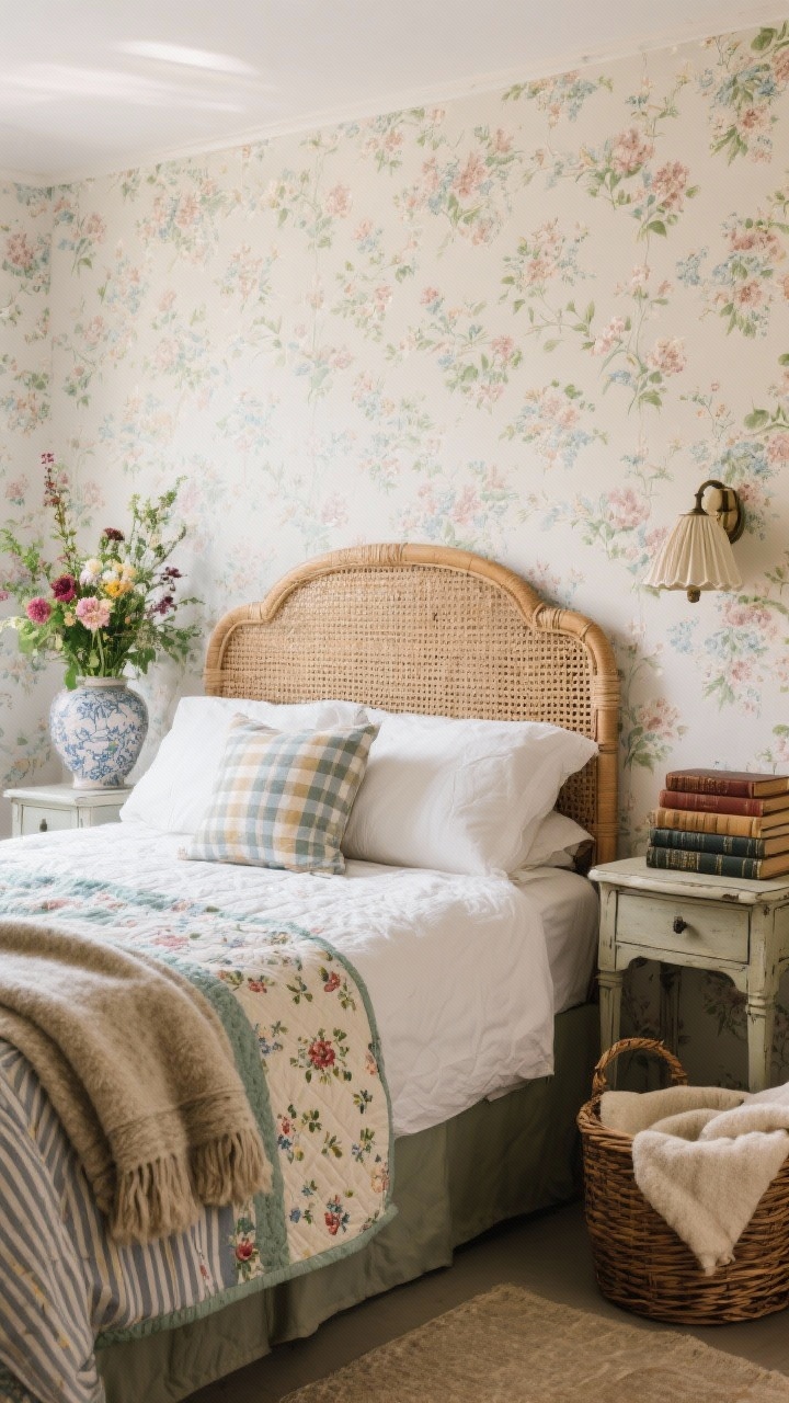 Medium shot of an English cottage guest room: soft floral wallpaper, cane/rattan headboard, layered bedding with crisp sheets, quilted coverlet, wool throw folded at the foot; mixed patterns—stripes, ditsy florals, and a checkered cushion; antique side tables, pleated sconce, stack of classic novels; vase of garden blooms and a woven basket for extra blankets; cozy daylight.