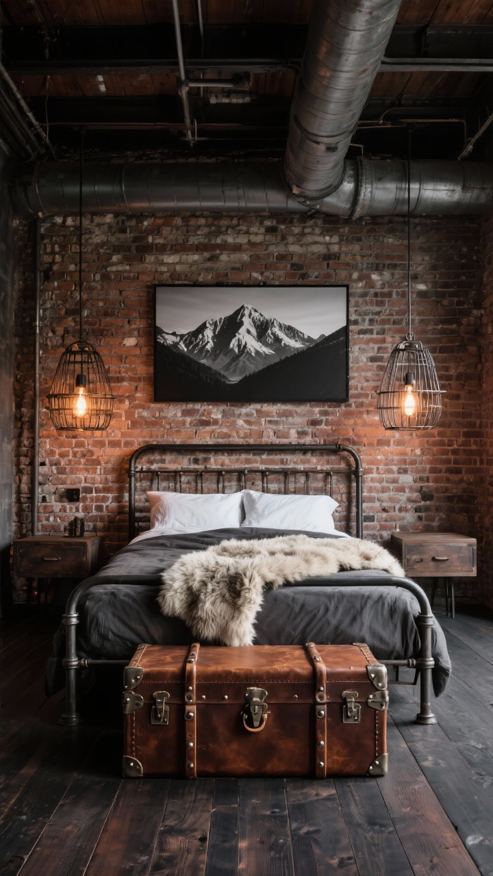 Medium shot of an industrial lodge loft bedroom: exposed brick wall backdrop, steel bed frame, riveted leather trunks as side tables; earthy palette of rust, saddle brown, and charcoal; caged metal pendants with Edison bulbs casting warm industrial light; sheepskin throw draped over the foot of the bed; oversized black-and-white mountain photography on the brick; dark matte wide plank flooring grounding the scene.