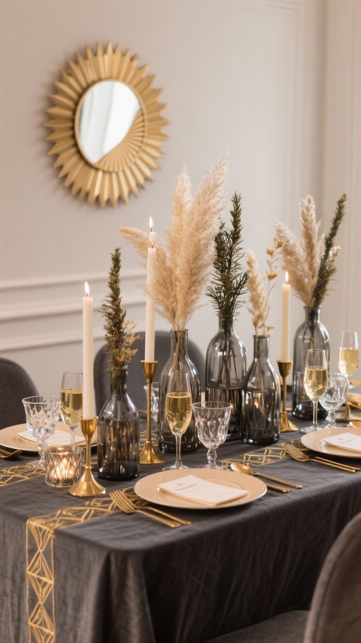 Medium shot of art deco champagne and charcoal table: charcoal linen tablecloth with geometric gold runners; cluster of smoked glass vases holding pampas and cedar for height; champagne-colored plates, faceted glassware, sleek gold flatware; deco candleholders, low-slung votives; a sunburst mirror on the wall reflecting glow; fan-shaped place cards; palette charcoal, champagne, gold, soft taupe; refined, glam illumination.
