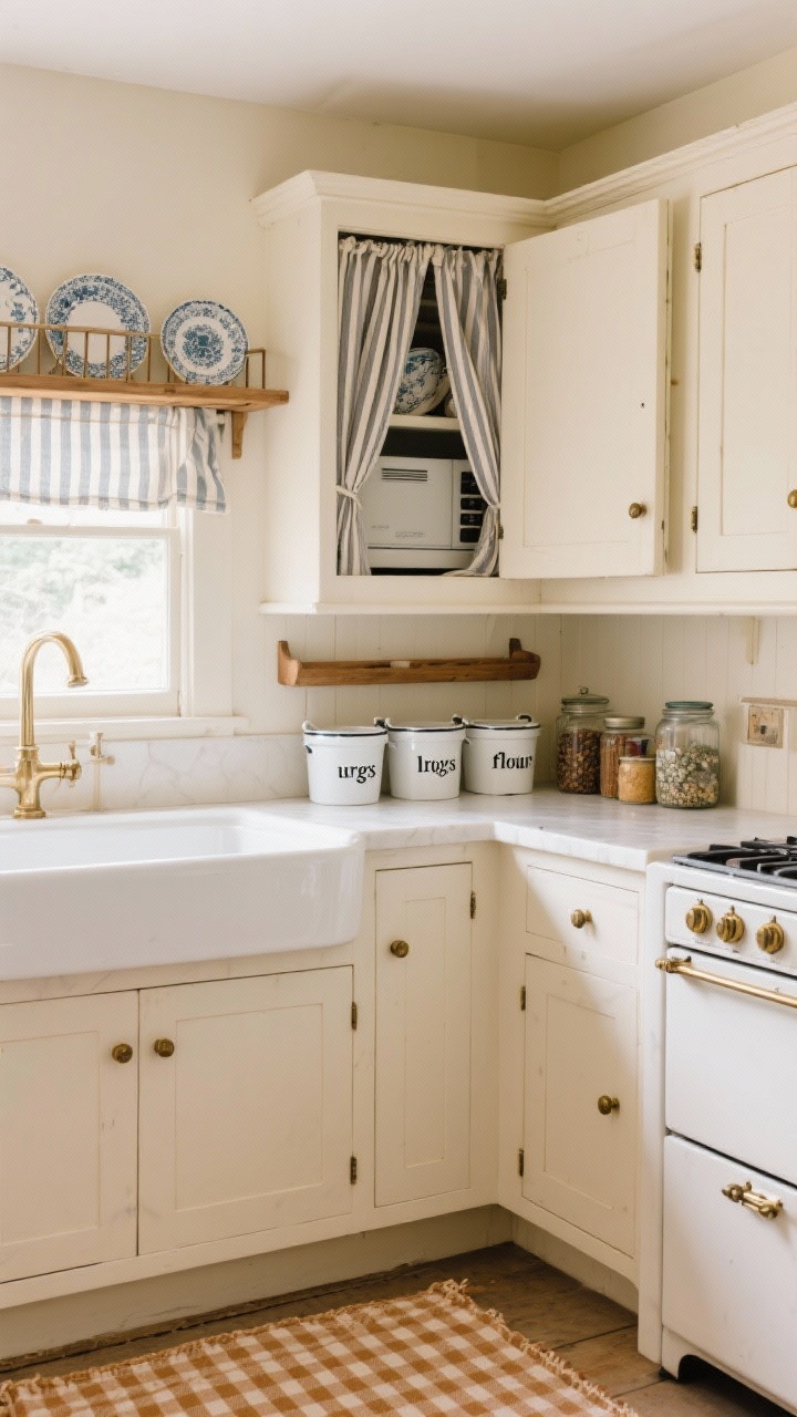 Medium shot of cottage-core details: cream shaker cabinets, plate rack shelf above the sink holding displayed plates; one cabinet converted to a curtained larder with ticking stripe fabric concealing awkward appliances; white enamel bins with black lettering for sugars and flours on the counter; small spice shelf beside the stove with mismatched vintage jars; brass cup pulls and a warm gingham runner underfoot; soft, homey light.