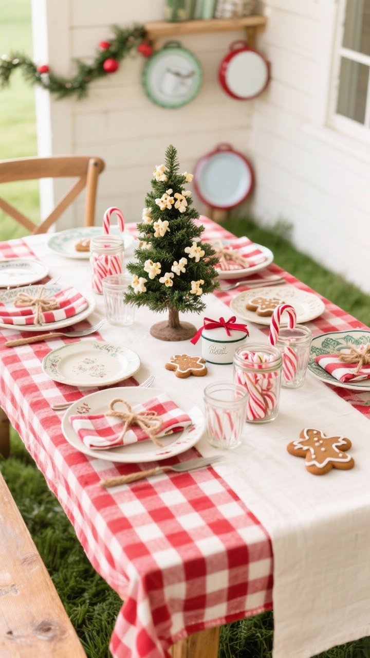 Medium shot of cottagecore peppermint picnic table: red-and-white gingham layer under a simple white runner; glass jars filled with peppermint candies, candy cane place settings tied with baker’s twine; mix-and-match vintage plates, mason jar glasses; small tabletop tree decorated with popcorn garlands; enamelware accents, ribboned cookie cutters, classic stripe napkins; palette cherry red, white, cream, hints of pine green; nostalgic, bright, cheerful lighting.