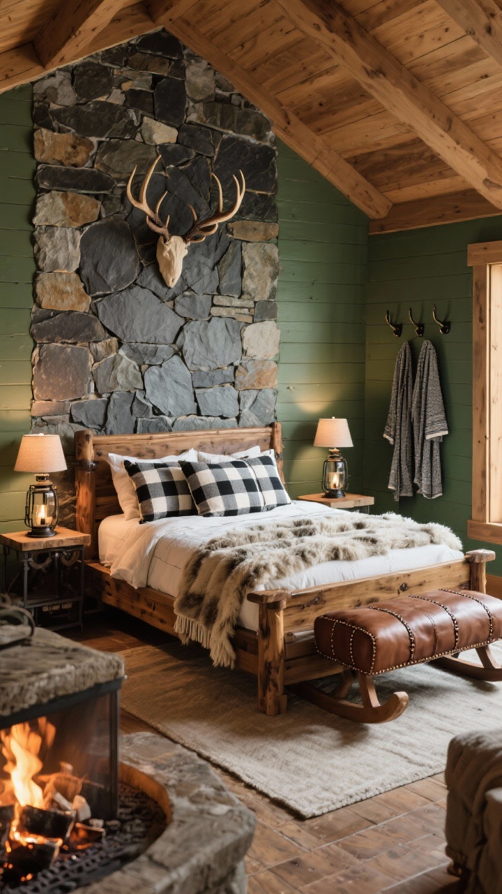 Medium shot of cozy cabin mix: stone-look accent wall (veneer) behind a solid wood sleigh bed, buffalo check pillows layered with a plush sherpa throw, stitched leather ottoman at the foot, iron lantern lamps on side tables; antler-inspired hooks on adjacent wall with robes; palette forest green, charcoal, cream, chestnut; warm, fireside-like lighting; angled perspective.