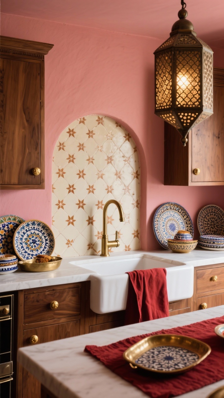 Medium shot of Moroccan spice kitchen: warm spice pink walls, walnut cabinets with brass knobs, a tiled arch niche over the range using tiny star-and-cross tiles in cream and sienna, pierced metal lantern pendant casting patterned light, layered patterned ceramics and brass trays, deep red runner, apron-front sink with tall brass faucet, simple white counters to balance, moody warm ambiance, photorealistic.