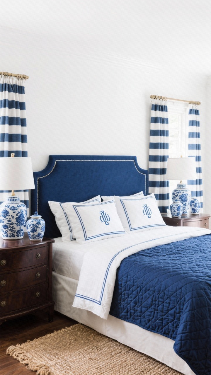 Medium shot of new traditional blue-and-white: fresh white walls, navy upholstered headboard, tailored bedding with piped edges; blue-and-white ginger jars clustered on a dresser, chinoiserie lamp, striped drapery; dark wood dresser grounding the scene, seagrass rug peeking in; monogrammed shams and a quilted navy coverlet; bright, classic lighting.