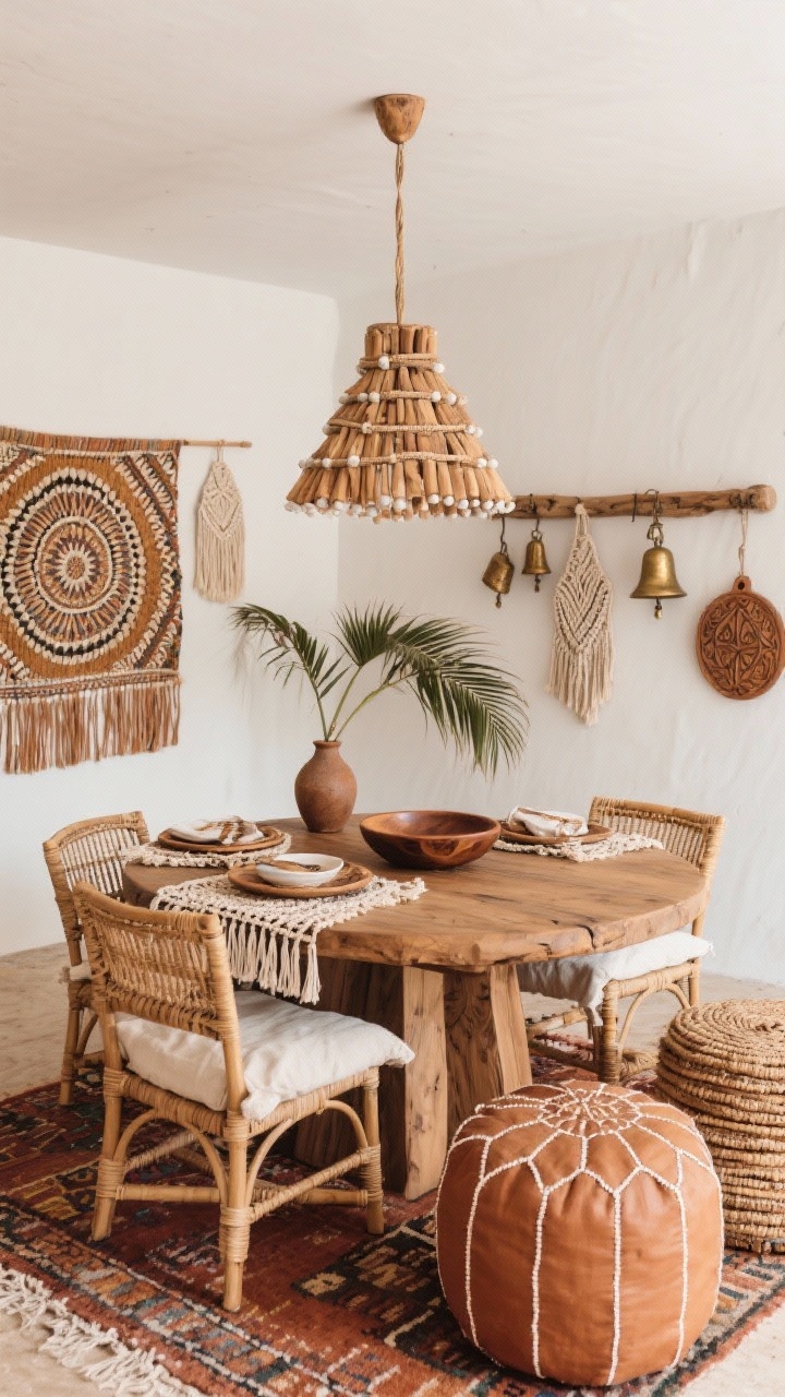 Medium shot of rustic boho layering: round mango-wood table with rattan chairs and linen cushions, Beni Ourain rug underfoot, beaded wood chandelier above, macrame wall hanging behind, patterned napkins, carved wood bowls, brass bells on a peg rail, palm fronds in a vase, woven placemats, tassel-trim linens, stacked floor poufs for extra seating; palette natural wood, cream, camel, muted terracotta; relaxed, global vibe.