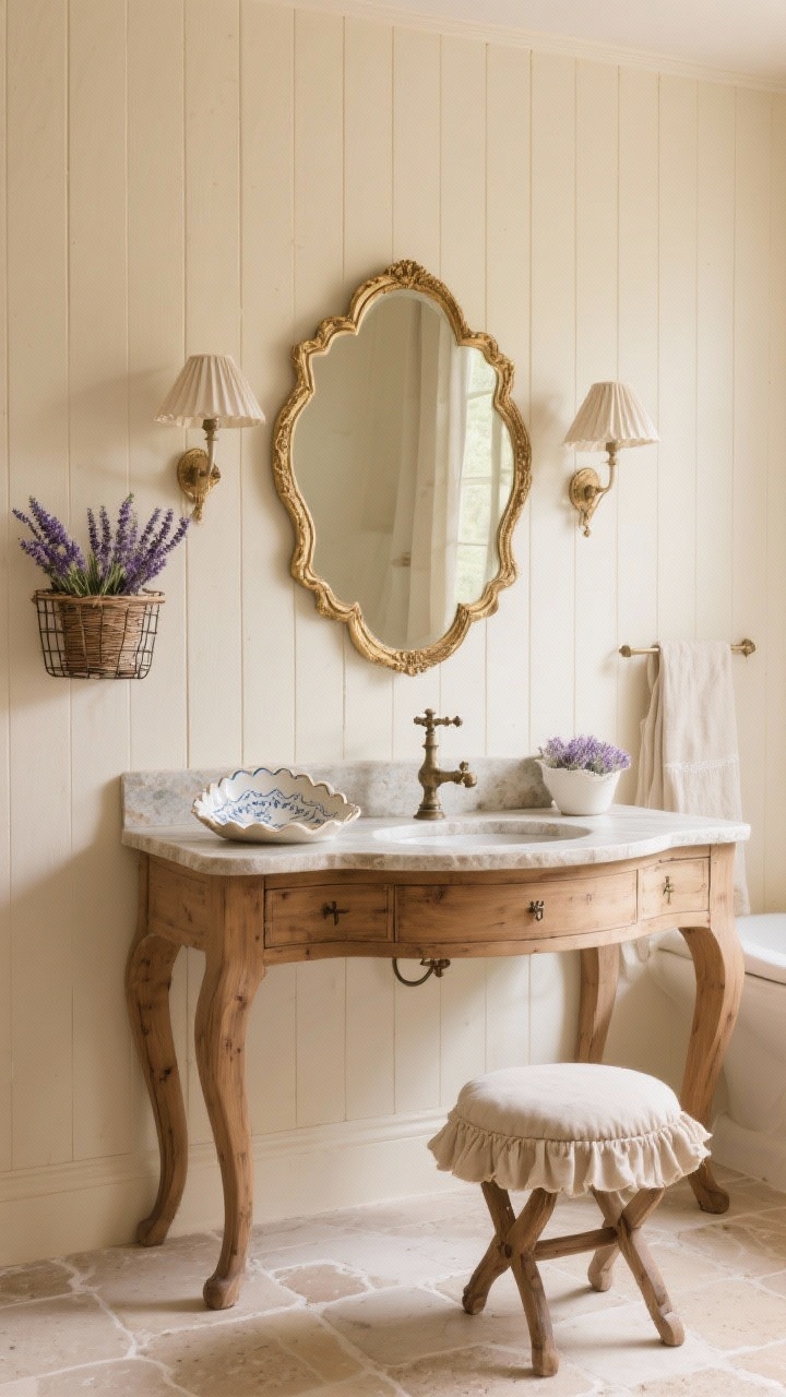 Medium shot of rustic French country bath: creamy paneling, curved-legged oak vanity with a stone top, and antique-style cross-handle taps; pale limestone-effect floor tiles; a gilded scalloped mirror centered above the vanity; pleated linen sconce shades; wire basket of lavender, a scalloped ceramic tray, and a ruffled cushion on a small stool; romantic, warm light; photorealistic.