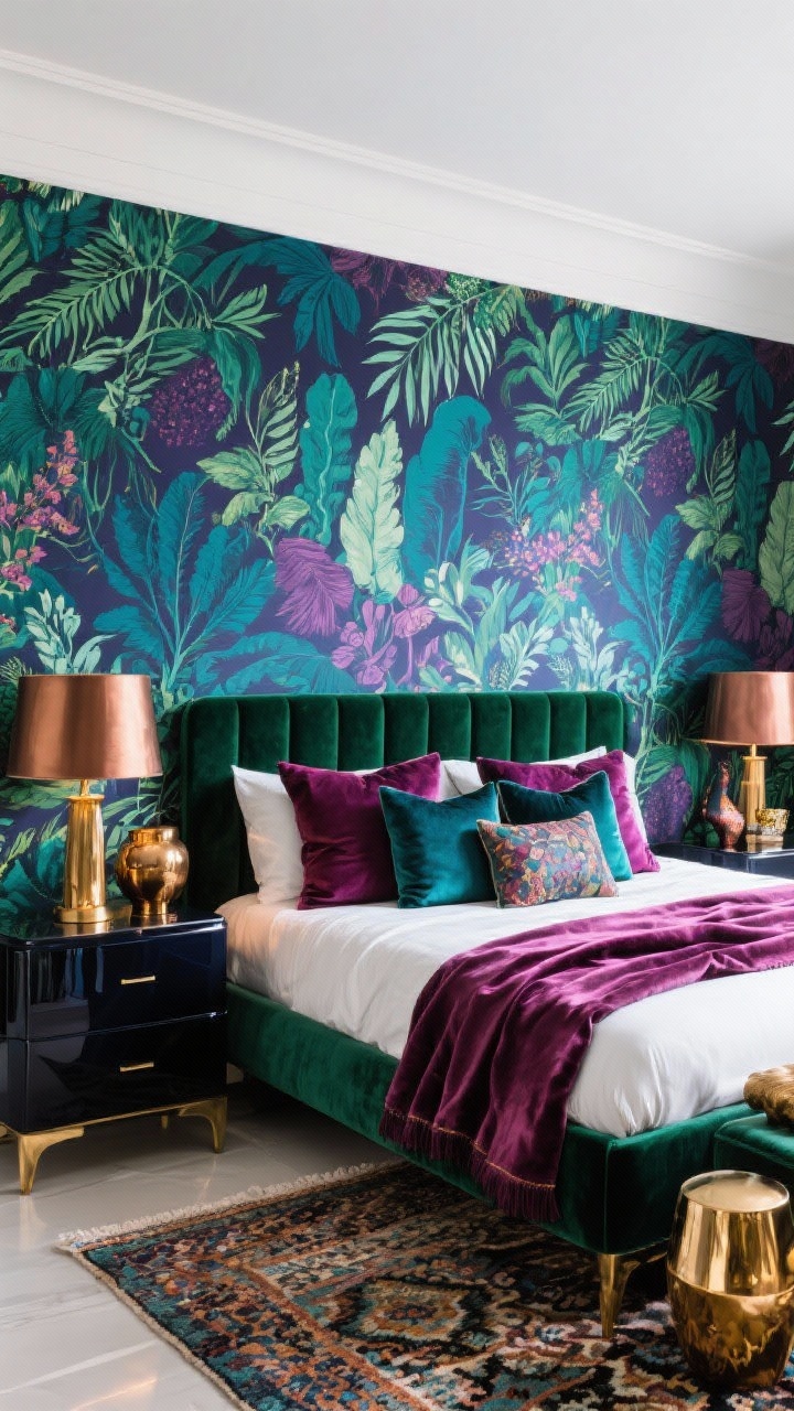 Medium shot of statement wallpaper + jewel tones: bold botanical/mural wallpaper in deep teal, plum, emerald as headboard wall; velvet bed, lacquer nightstands; layered jewel-toned pillows, silk throw, metallic accents in brass and bronze on lamps and decor; patterned rug tying the palette; crisp, gallery-like lighting for saturated color.