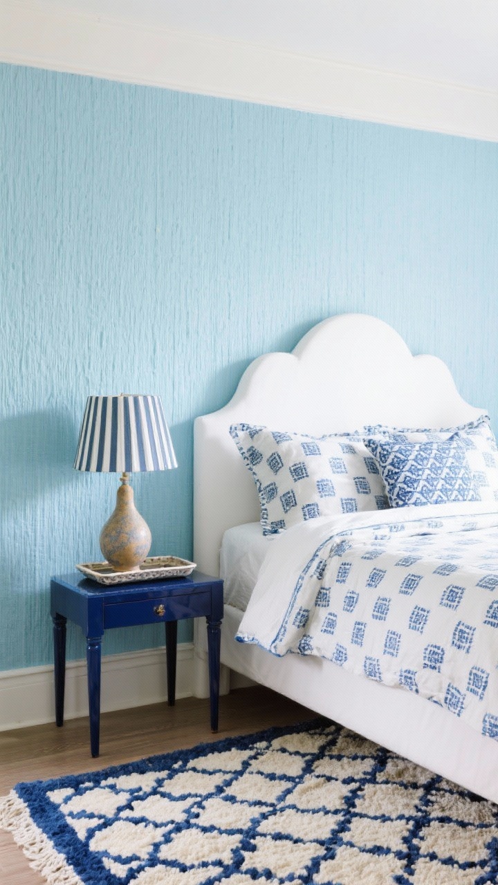 Medium shot, Pattern-Play Powder Blue: walls wrapped in powder blue grasscloth, a white scalloped headboard, and bed styled with block-print linens in small-scale motifs. On the nightstand, a lacquered tray table holds a ceramic gourd lamp with a striped pleated shade. A striped blue-and-cream dhurrie rug anchors the floor; playful yet refined pattern mixing, navy accents; evenly lit, fresh mood; no people.