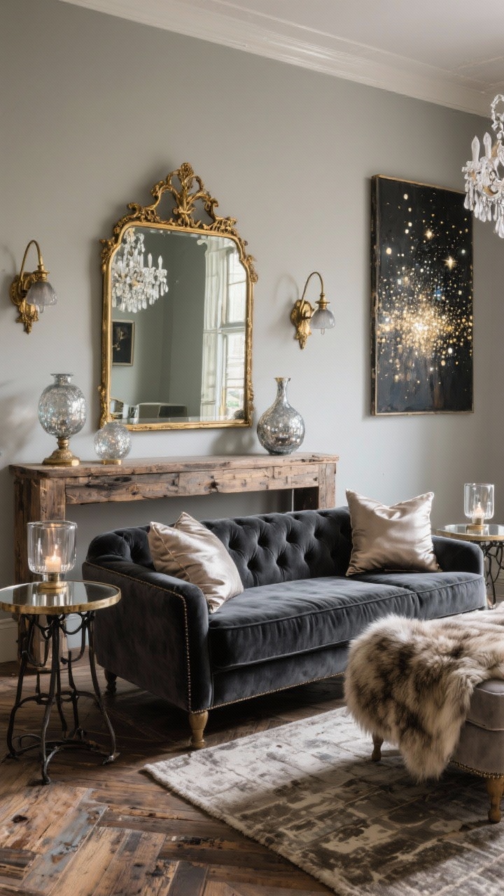 Medium shot, Rustic Glam vignette: charcoal velvet sofa next to a reclaimed wood console; gilded mirror above reflecting crystal chandelier; mirrored side tables with iron bases flanking the sofa; tufted ottoman with faux fur throw, silk-blend pillows; distressed wood floor; antique brass sconces and smoky glass hurricanes with mercury glass vases; large statement art on adjacent wall; evening sparkle, photorealistic.