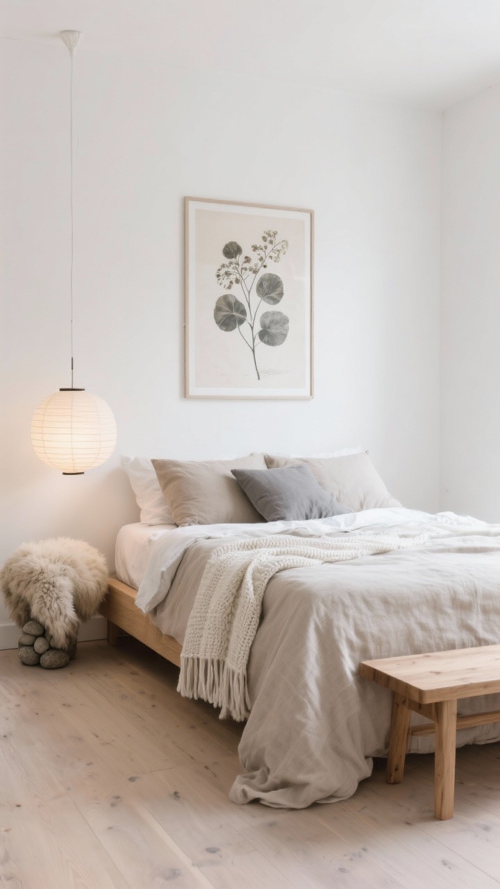 Medium shot, Scandinavian-Boho Calm: pale ash floors, white walls, simple oak bed; tonal bedding—oatmeal linen duvet, ivory knit throw, pebble-gray pillows; sheepskin at bedside; paper lantern pendant casting diffused glow; low wood bench; single oversized botanical print on wall; palette oatmeal, white, soft gray, oak; textures linen, sheepskin, paper; serene soft lighting, photorealistic.